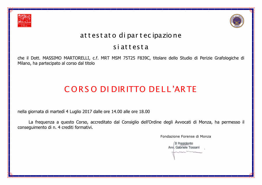 Corso di diritto dell'arte - attestato 2017 - Dott. Martorelli