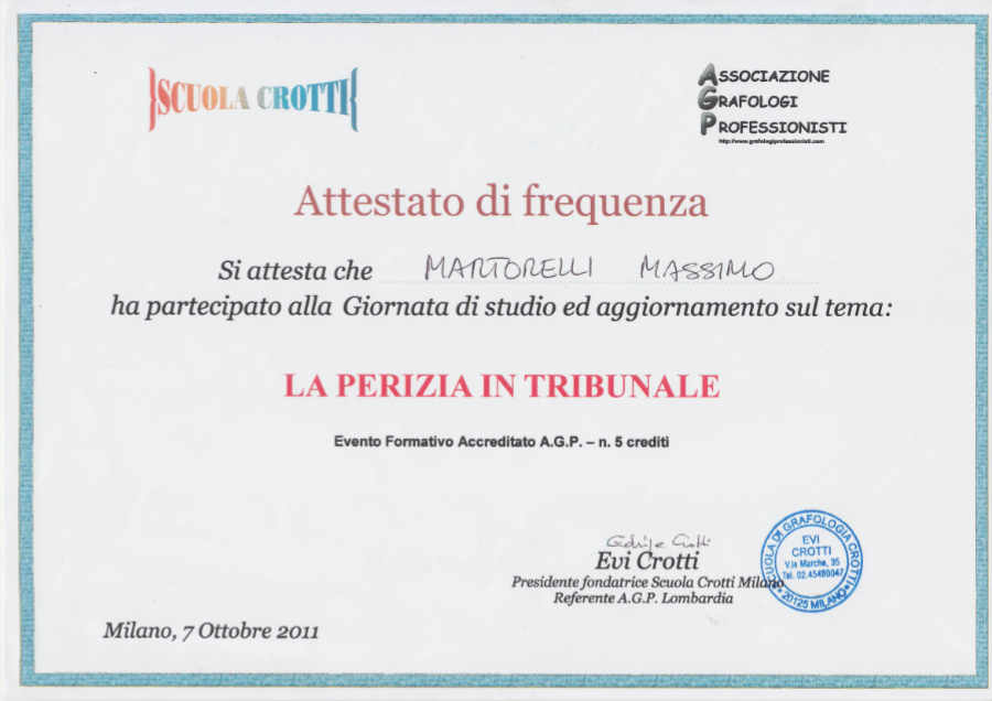 Perizia in tribunale - attestato ottobre 2011 - Dott. Martorelli